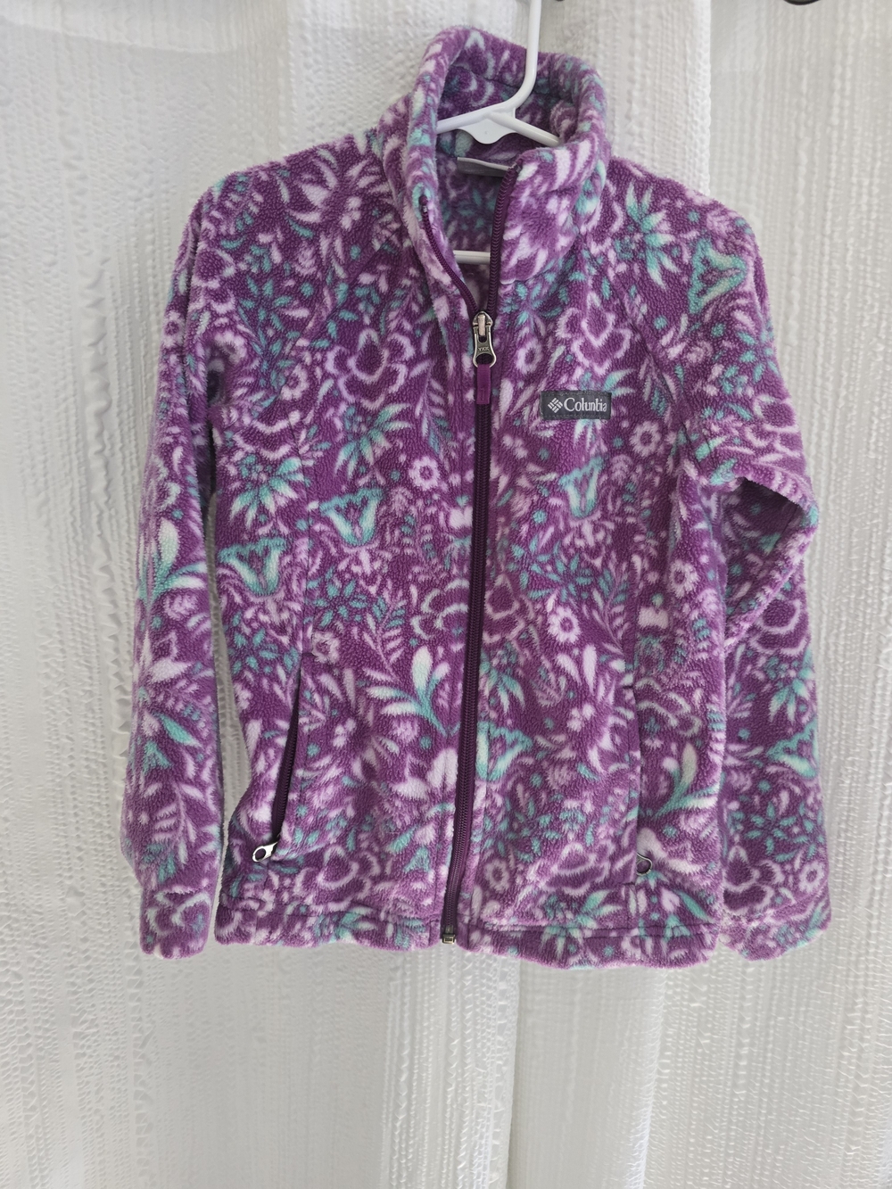 Youth XSmall Columbia Purple Floral Teddy Fleece Jacket with Teal Accents